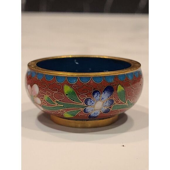 Cloisonné Open Salt Bowl Cellar Pepper Shaker Flower Enamel Brass Stacking PINK - Picture 7 of 10